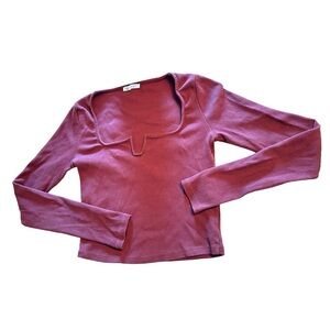 Zara Brown Crop Long Sleeve Ribbed Square Neck Stretchy Top